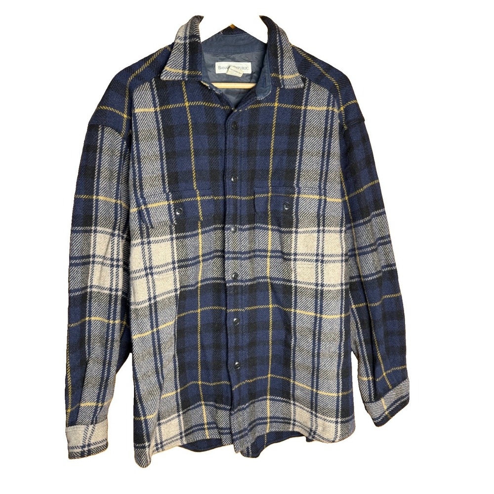 Banana Republic Shacket Men's Large Blue Plaid Down Wool Heavy Pocket Flannel